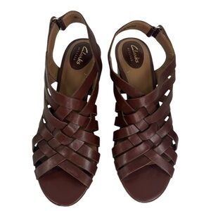 Clarks Artisan Pastina Brown Strappy Slingback Block Heel Sandals SZ 10 Flawed